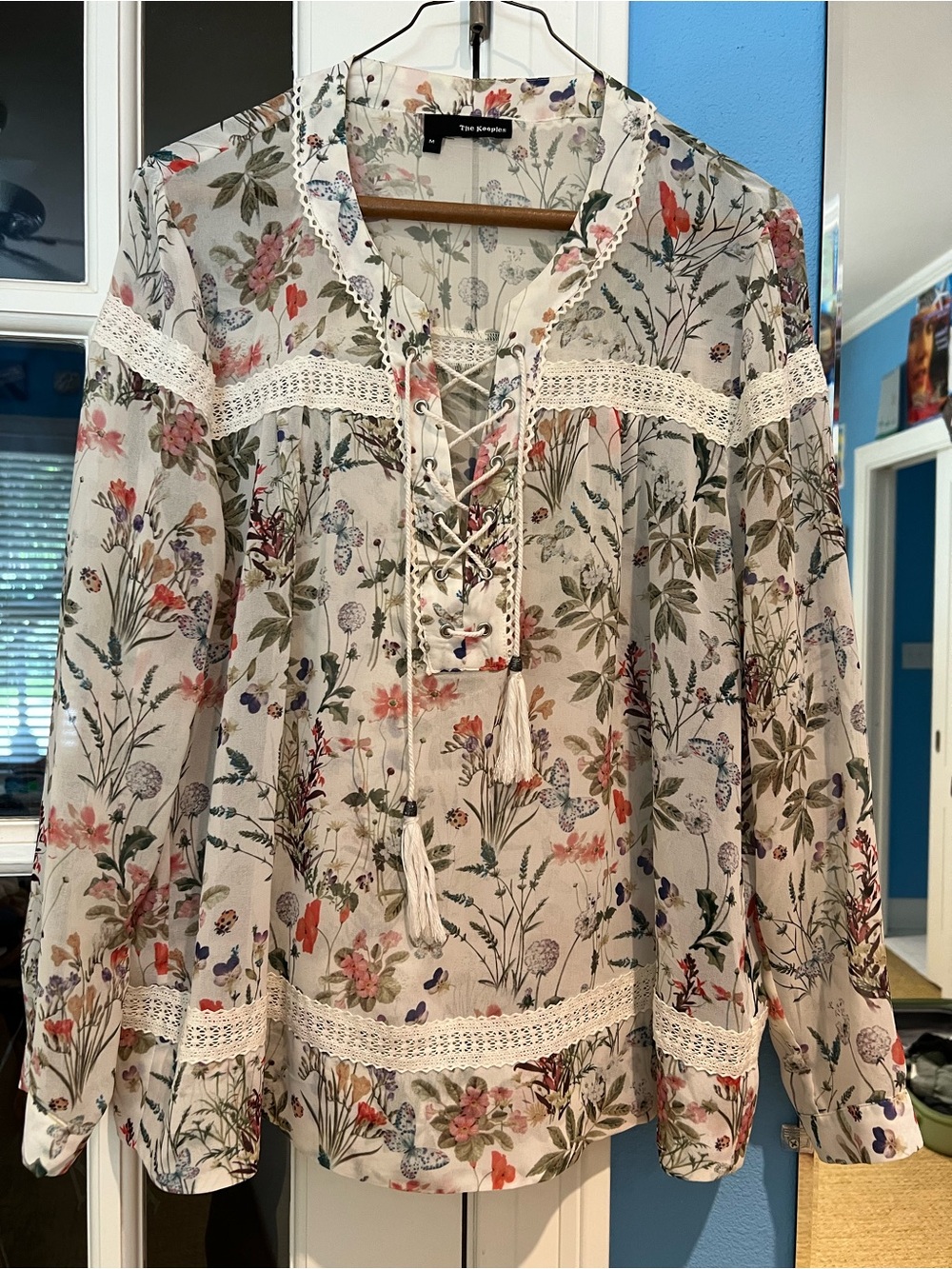 The Kooples Cream Floral Lace-Up Blouse